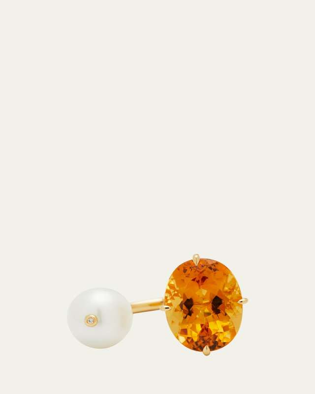 Orange Ring From Terry Collection with 18K Yellow Gold, Pearl and Citrine, Size 6.5 and 7